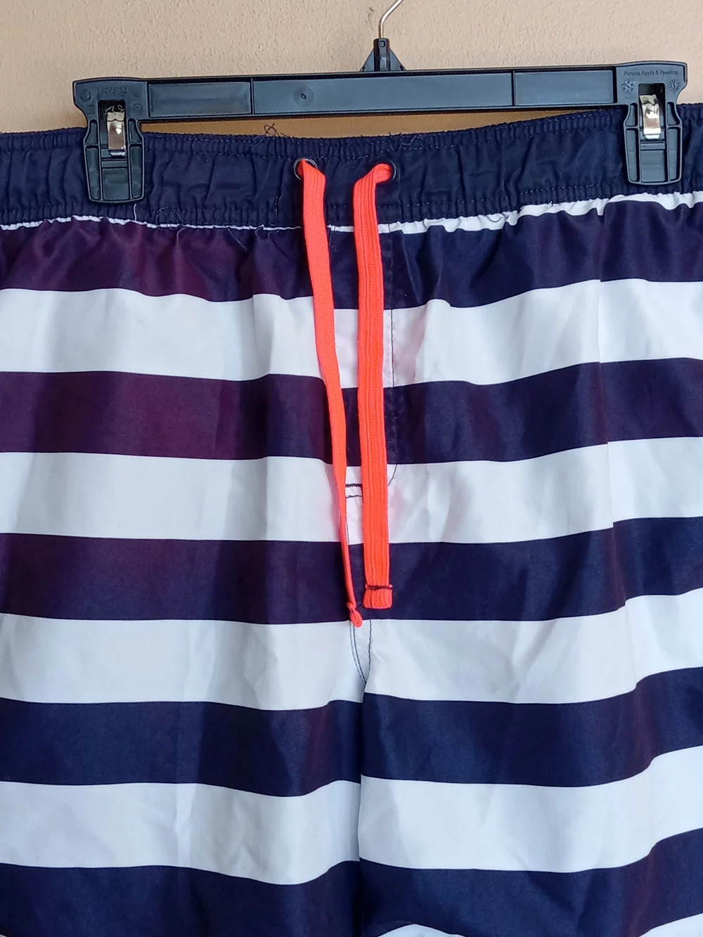 Striped Navy & White Swim Trunks with Orange Drawcord